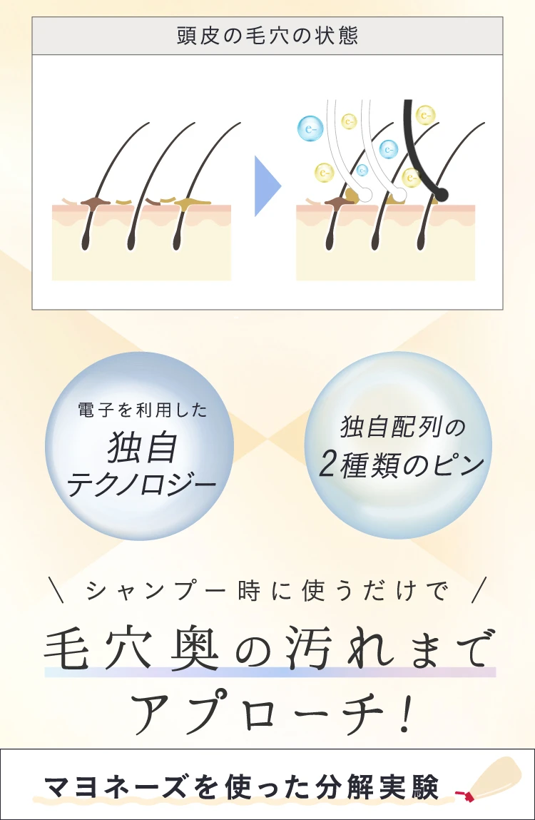 電子を使用した独自テクノロジー 独自配列の2種類のピン シャンプー時に使うだけで毛穴奥の汚れまでアプローチ!