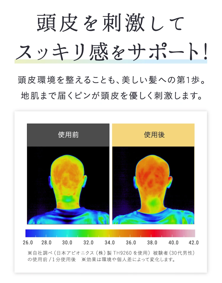 頭皮を刺激してスッキリ感をサポート!頭皮環境を整えることも、美しい髪への第1歩 地肌まで届くピンが頭皮を優しく刺激します