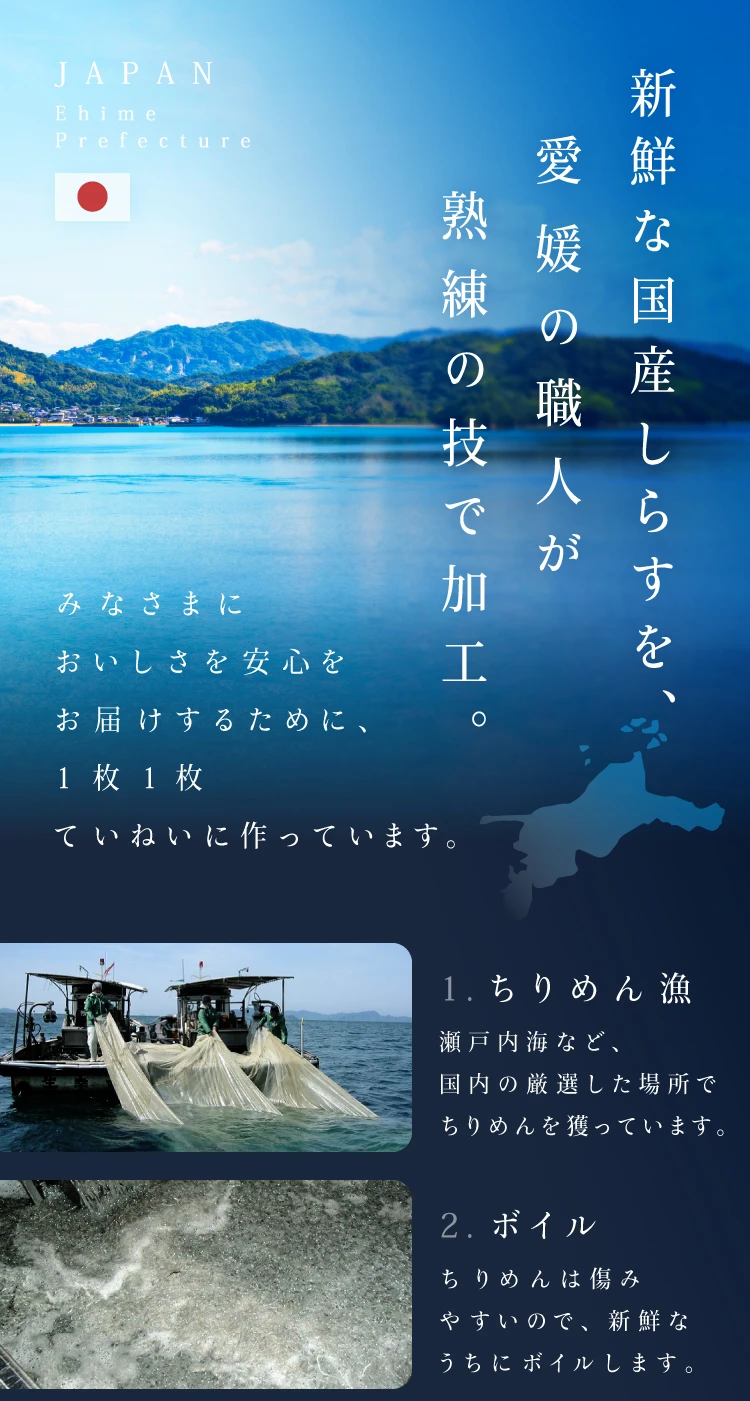 新鮮な国産しらすを、愛媛の職人が熟練の技で加工