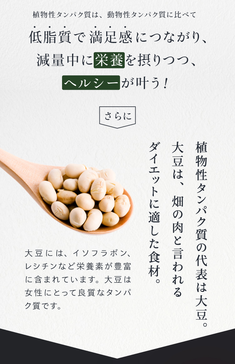 植物性タンパク質は、低脂質ながら満足感がある食べごたえ！植物性タンパク質の代表は大豆。