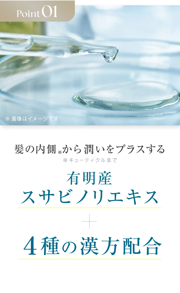 POINT01. 髪の内側から潤いをプラスする有明産スサビノリエキス+4種の漢方配合