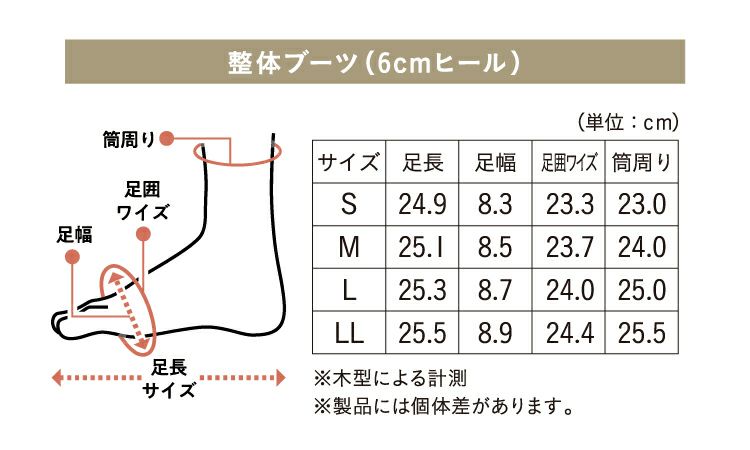 整体ブーツ 6cmヒール　サイズ表